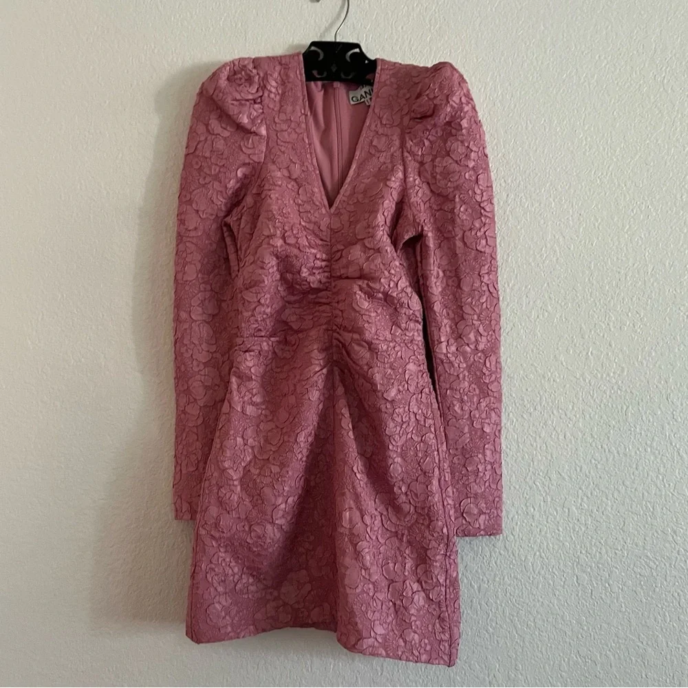 Ganni Pink Jacquard V-Neck‎ Mini Dress Orchid Smoke NWOT EU 34